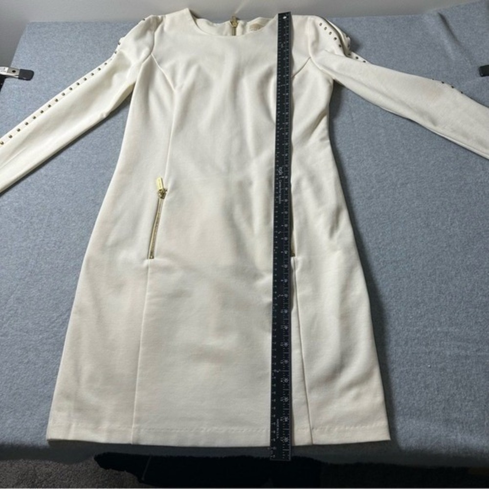 Michael Kors Off White Studded Long Sleeve Zipper Sheath Dress Gold Hardware - Picture 14 of 14